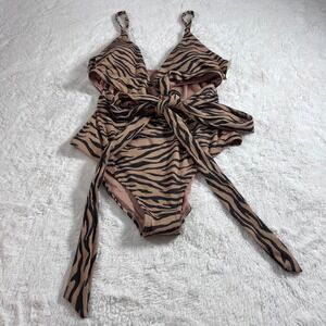 Aerie Tiger Stripe One Piece Swimsuit Brown Black Tie Front Full Coverage L Long